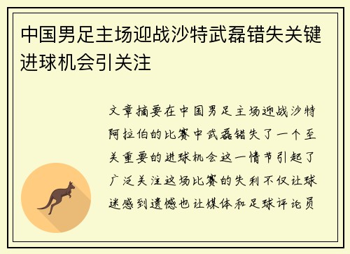中国男足主场迎战沙特武磊错失关键进球机会引关注