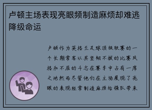 卢顿主场表现亮眼频制造麻烦却难逃降级命运 卢顿主场表现亮眼频制造麻烦却难逃降级命运